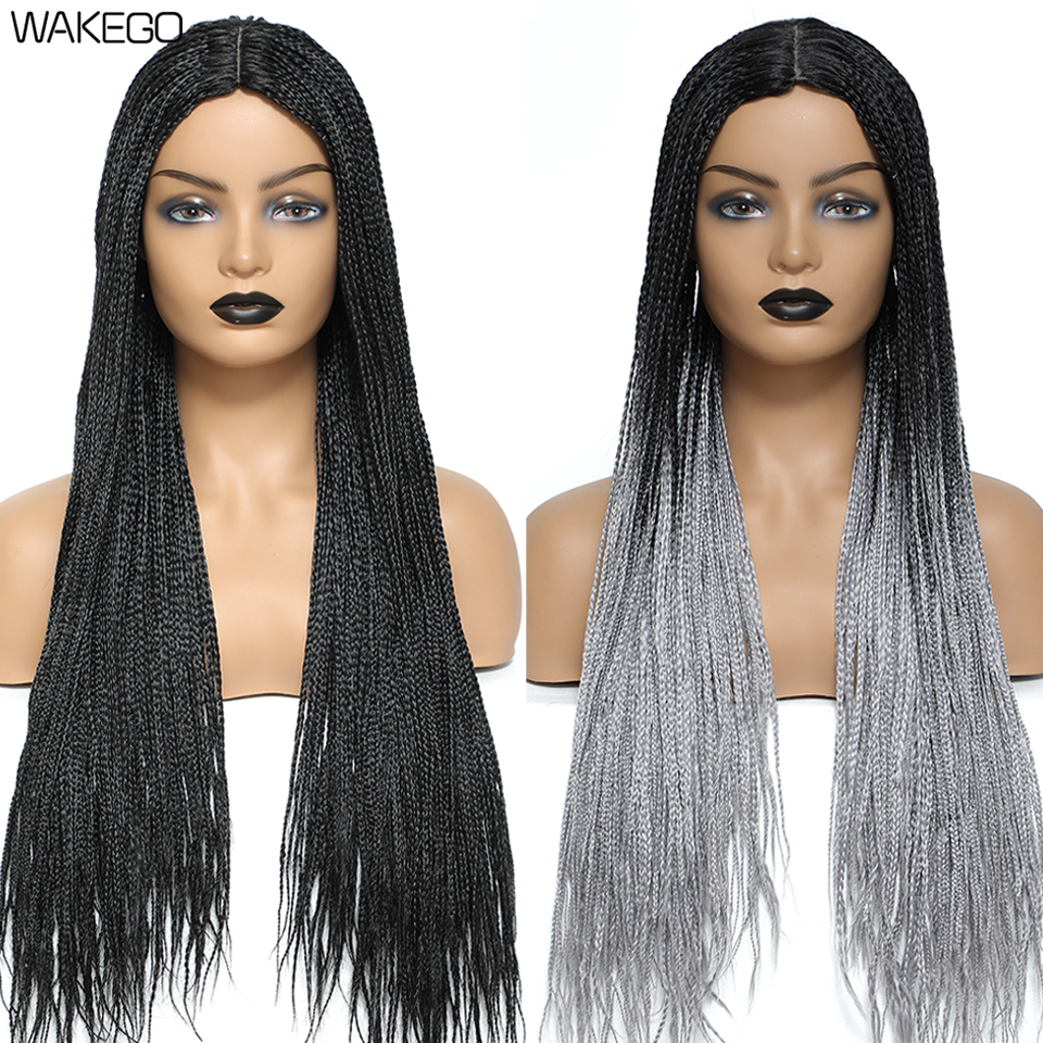 Wakego 26 Inch Ombre Box Wigs For Black Women Braided Fake Scalp Heat Resistant Braiding Hair Wig Peruca Sintetica