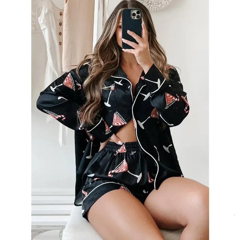2024 Christmas Pajama Sets for Women Candy Cane Print Single Breasted Long Sleeve Shirt Top with Shorts Sleepwear Loungewear 241204