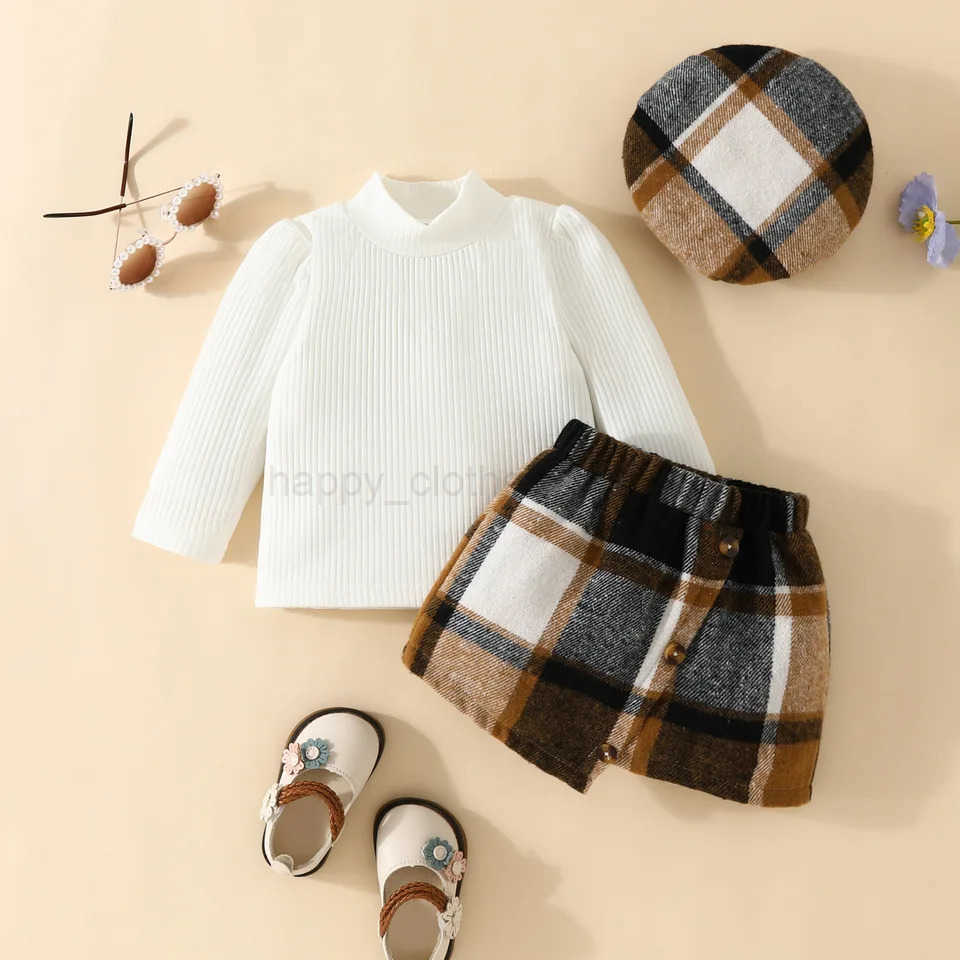 Infant Spring Autumn Long Sleeve Top andDress Set 6-18months Baby Girl Solid ColorTop Houndstooth Half Skirt BeretXJ241205