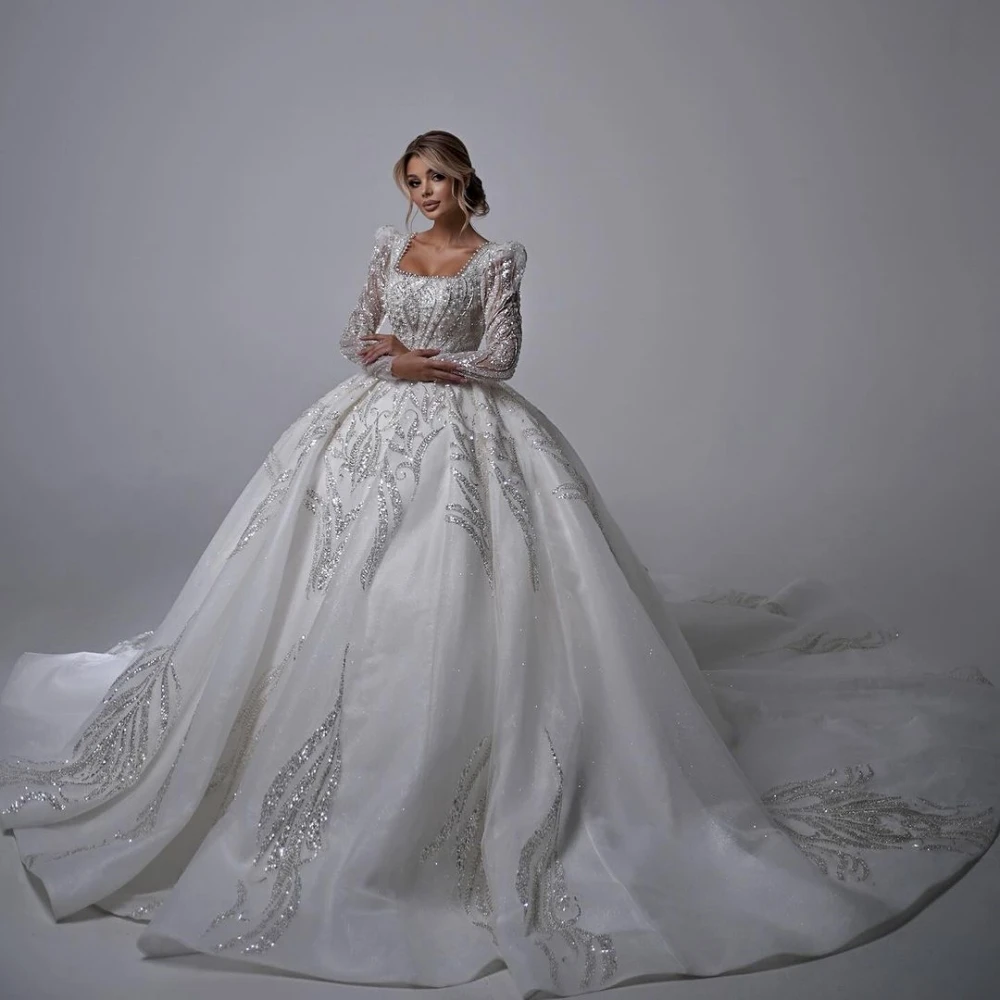 Pearls Beads Wedding Dress With Train Square Neck Puff Sleeve Bridal Gown Customized Organza Dresses For Bride vestidos de novia