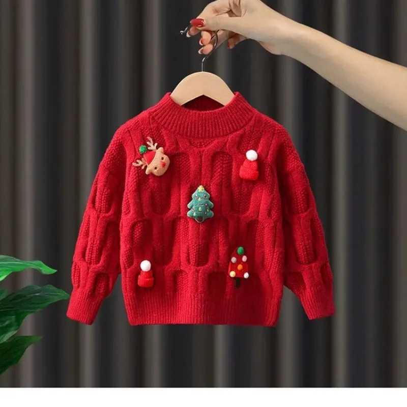 2024 Winter Christmas Knitted Sweater Childrens Fashion Cute Holiday Sweater Warm Edition Outdoor Clothing Suede Navide o W241205