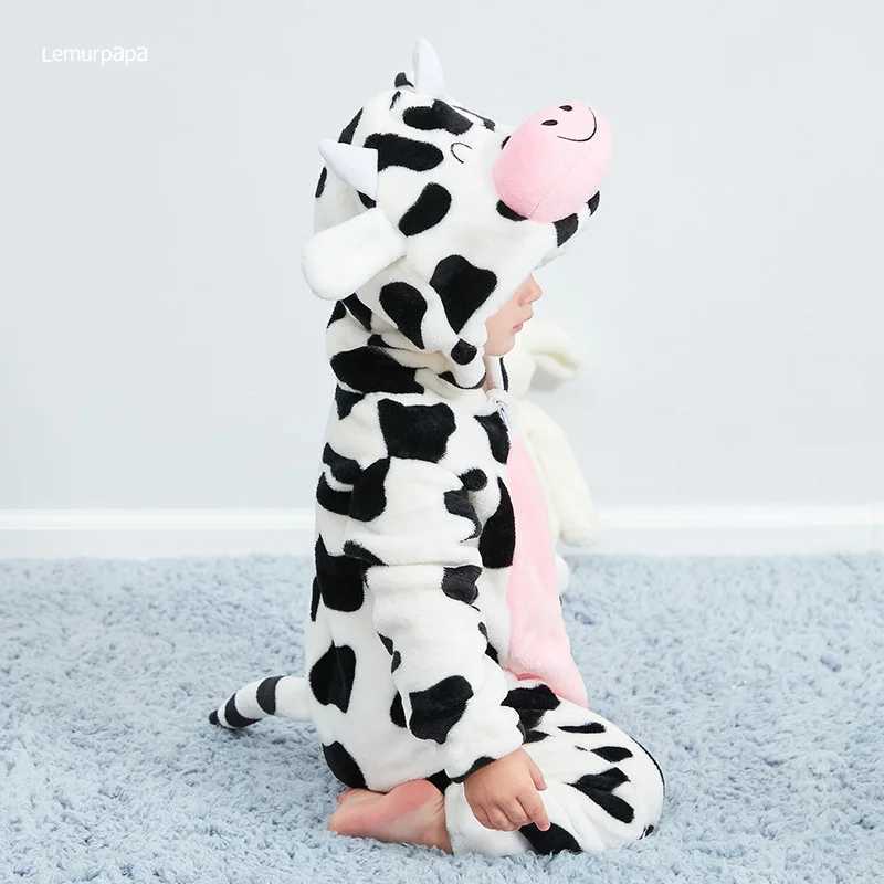 Pajamas Cow Romper Baby Warm Jumpsuit Boys Girls Winter Outfit Toddlers Halloween Animal Suit Funny Onesie Festival Party Bebe Clothes H241205