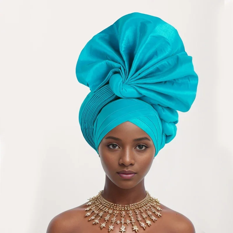 Nigeria Raw Silk Fan Gele Wedding Party Head Wraps Headwear Female Headbands 2024 African Womens Autogele Already Made Headtie 241205