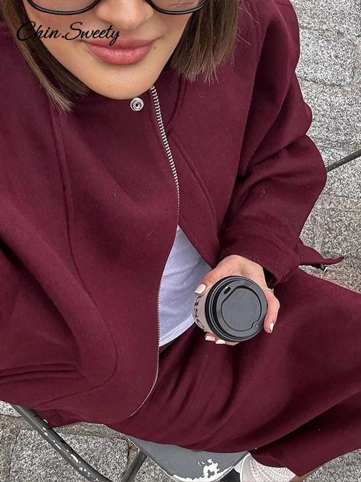 Fashion Loose Baseball Jacket Women Autumn Casual Oversized Zipper Pockets Wine Red Bomber Coat Vintage Thick Warm Outwear 241205