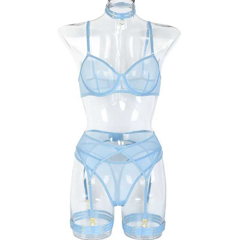 3pcs Ladies Sexy Solid Sensual Lingerie Set Mesh Underwear Women Push Up Bra Garters Brief Sets Transparent Blue BraXJ241205