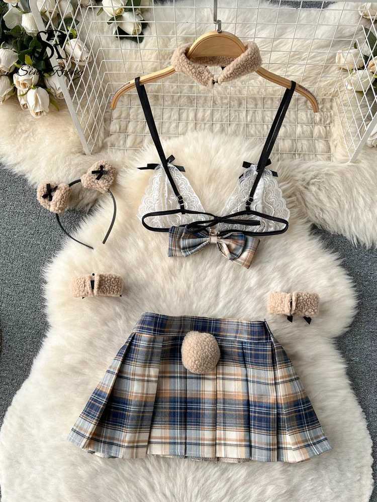 SINGREINY Summer 2023 Sexy Bra Brief Two Pieces Sets Lace Bow Strap Camis Pleated Short Skirt Bra Suits Women Thin UnderwearXJ241205