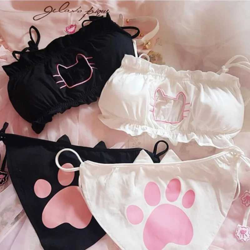 Japanese anime cos sexy cute Cat girl cotton hollow Out Sexy Open Chest Lace-up Underwear Set Cosplay Cute lace panties setXJ241205