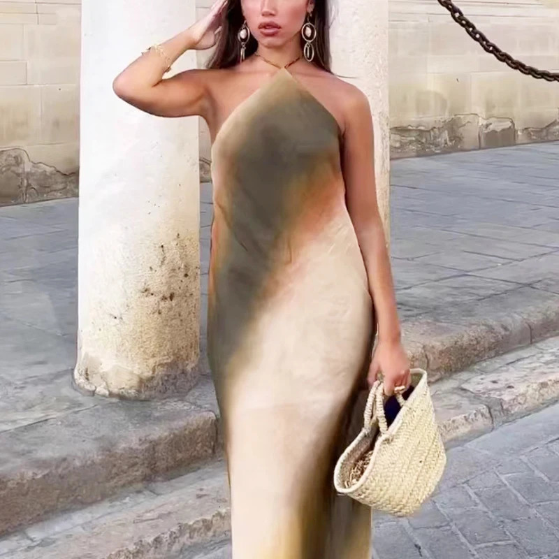 HXAO Tie Dye Halter Dresses Women Dresses Summer Sleeveless Backless Slim Maxi Dresses Sexy Elegant Party Dresses For Women 241205