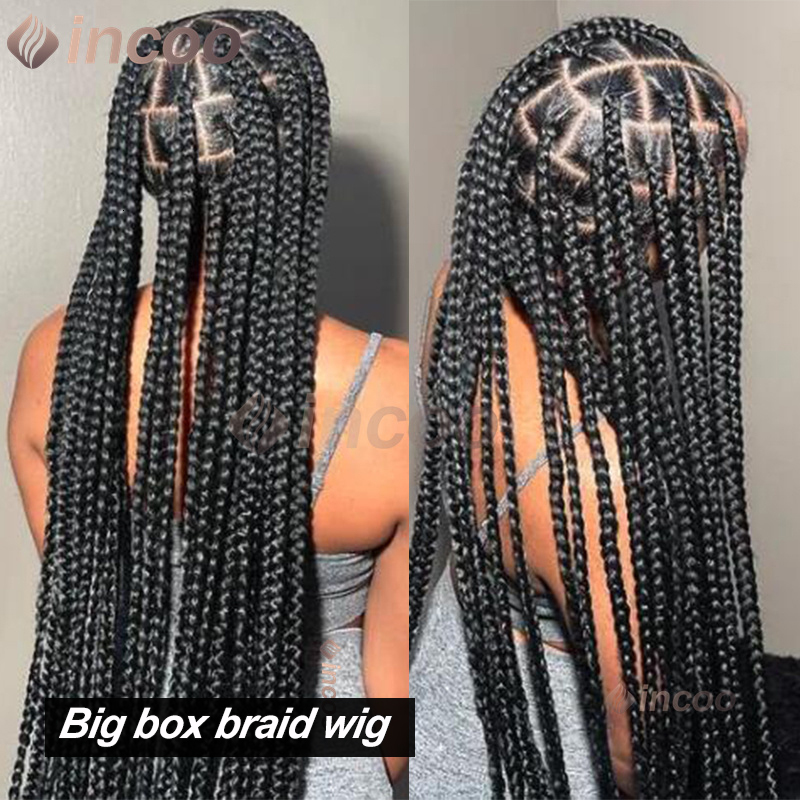 36 Inch Synthetic Larger Box Braided Afro Knotless 360 Full Lace Frontal Braid Wigs Black Women Prepluck Baby Hair Incoo