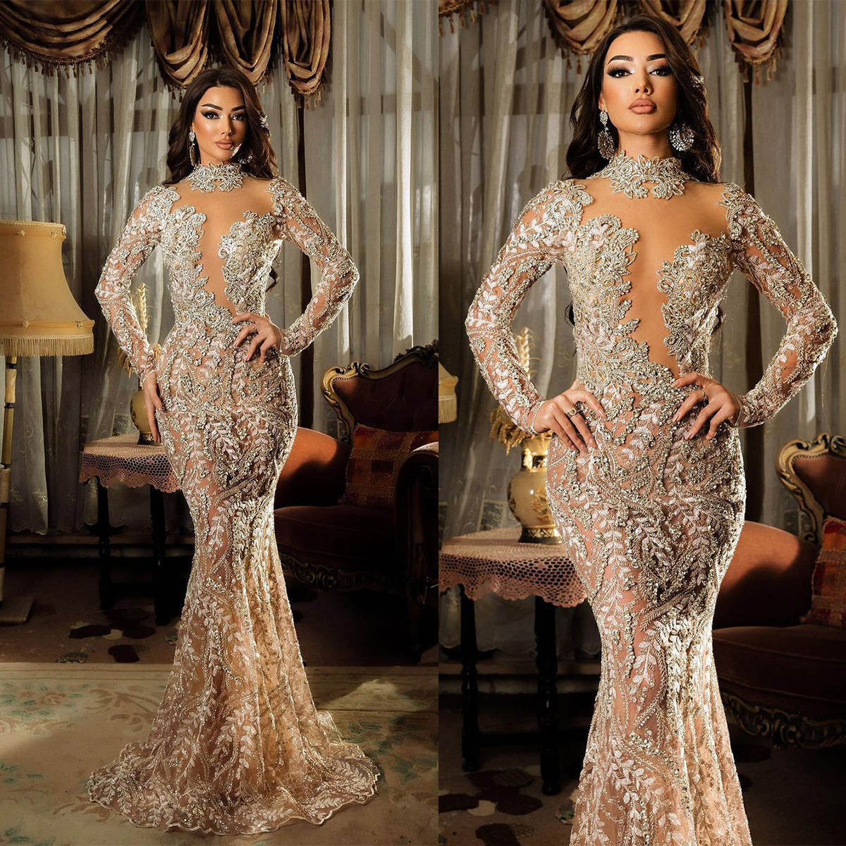 Luxury Mermaid Wedding Dresses Diamonds Beaded Bride Gowns Sequins Long Sleeves Illusion Customize Bridal Dress Sweep Train Vestido de novia