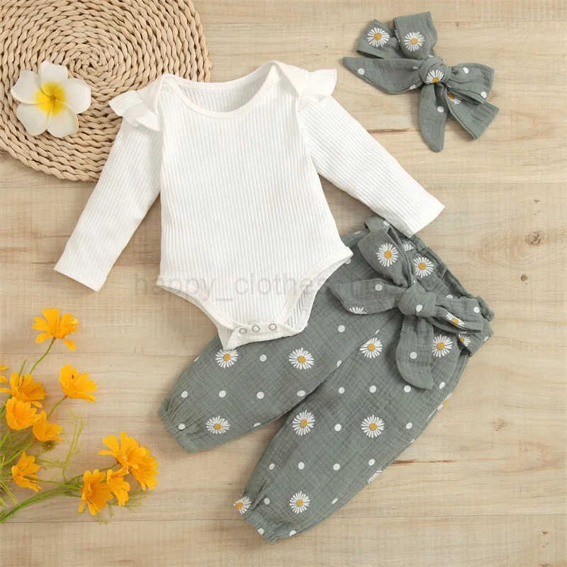 0-24M Infant Baby Girls 3PCS Romper Sets Long Sleeve Plain Ribbed Snap Romper + Daisy Ruched Long Pants with Belt + Bow HeadbandXJ241205