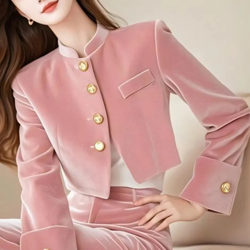 Elegant Velvet Jacket Suit Women Stand Collar Golden Single Breasted Blazer High Waist Wide Leg Pants 2 Piece Set Outfits 805P 241205