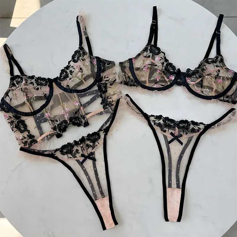 Clashing Sexy Embroidery Lingerie Womens Underwear Set Ladies Push up Bra with Underpants Suit for femaleXJ241205