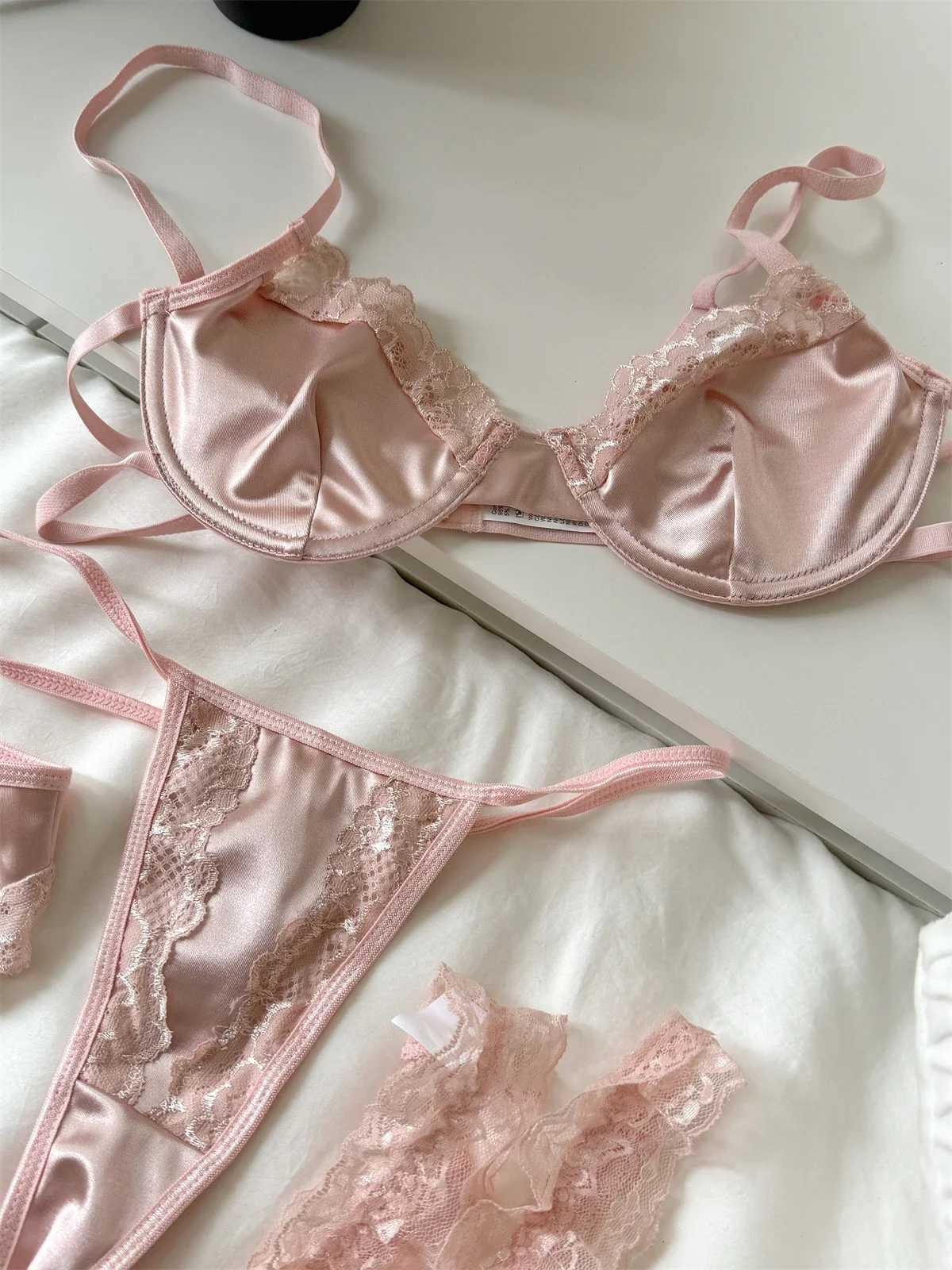 Satin mesh lingerie ultra-thin women large breast underwear sexy lace adjustment bra set pink female braletteXJ241205