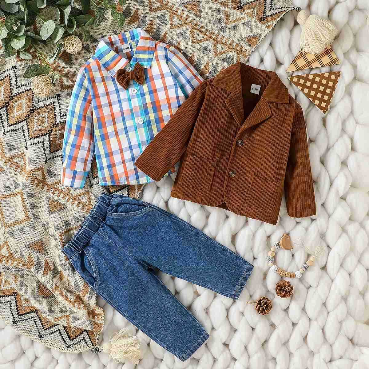 3Pcs Baby Boys LOng Sleeve Autumn/Winter Plaid Shirt Brown Coat+ Jeans For Casual Daily Wear 6M-3Y SetXJ241205