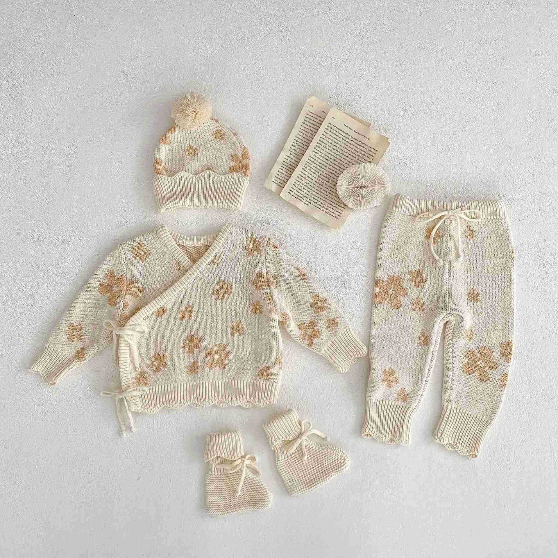 MiniAinis Autumn Winter Baby Knitted Coat+ Pants+hat+ 4 Pieces Suit Girls Sweater Clothing Set Children Beige Warm ClothesXJ241205