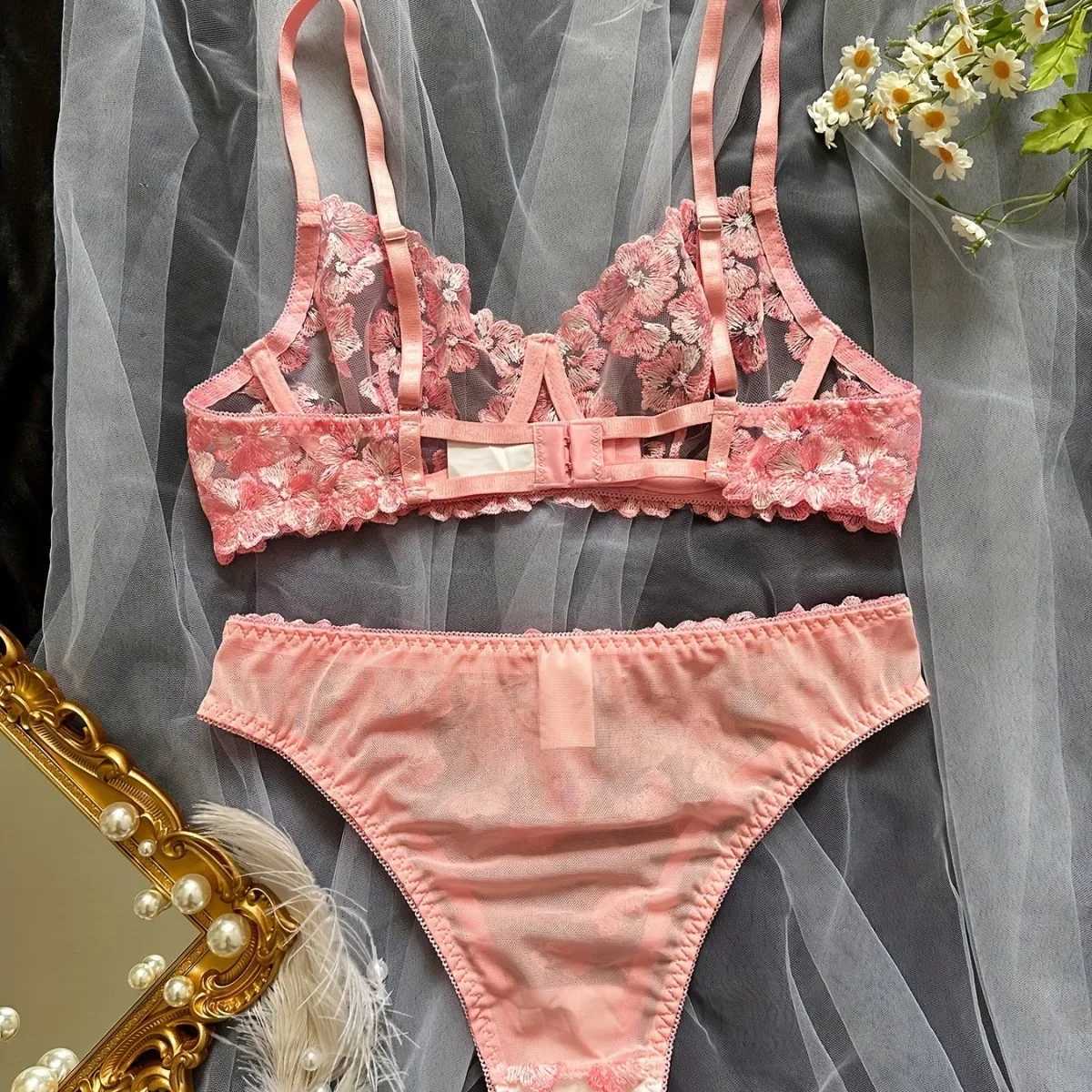 2Pcs Womens Sexy Push Up Bra Panties Lingerie Pink Floral Embroidery Underwear Set Transparent Briefs Short Low-waist Kits SweetXJ241205