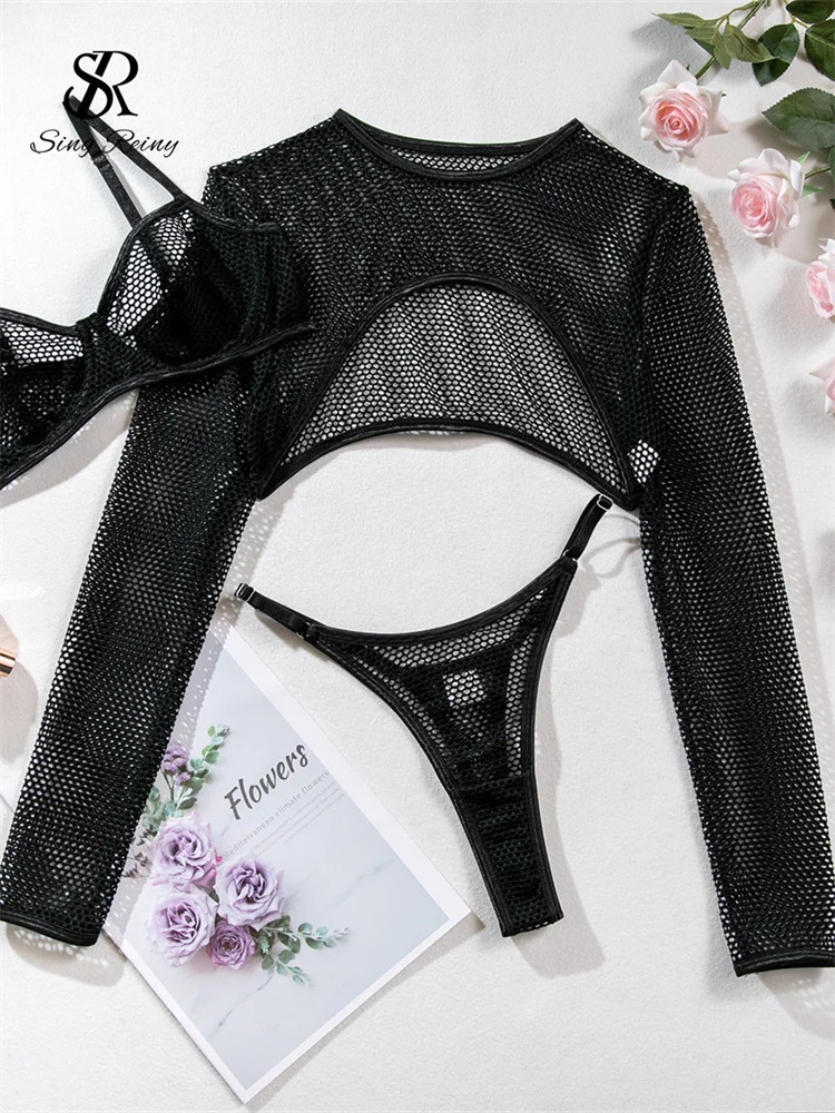 SINGREINY Mesh Porno Sexy Lingerie Sets Female Hollow Out Long Sleeve TopsMini Briefs Women Slim Short Sheer Underwear Suits 241205