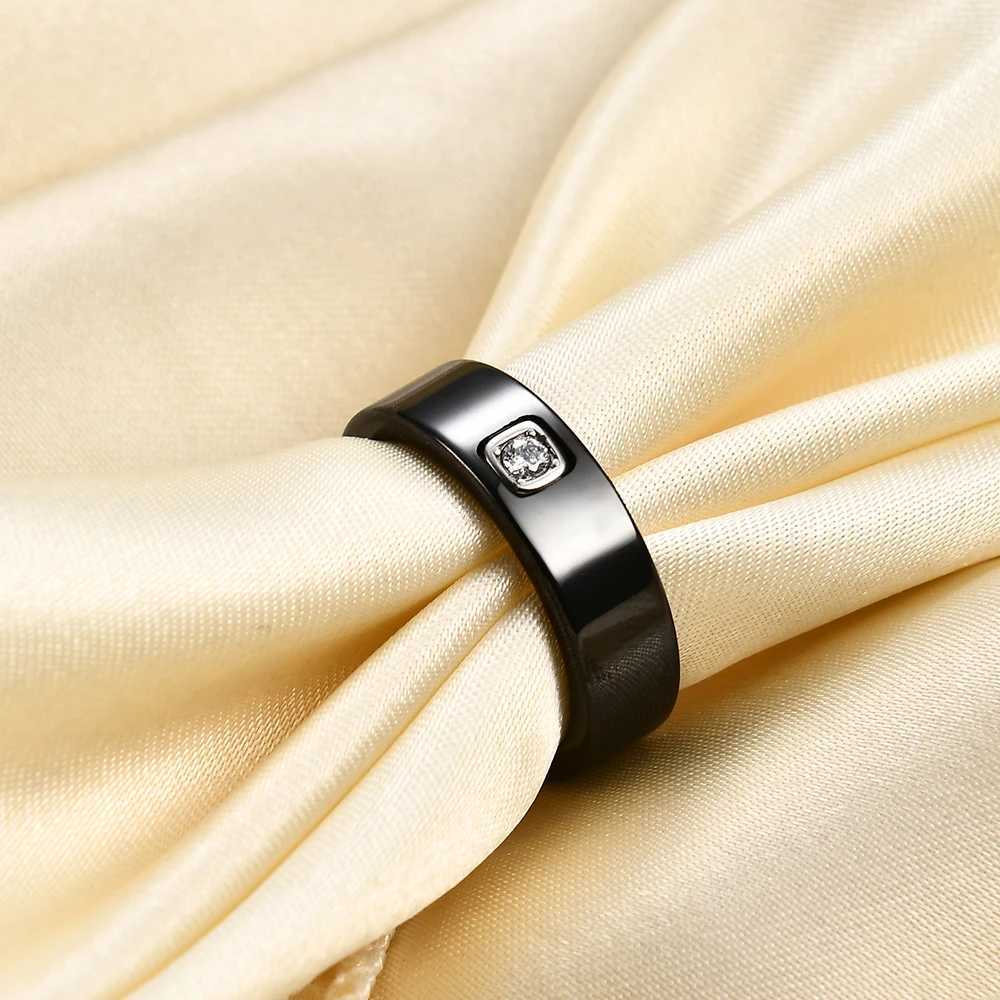 Exquisite 6mm black and white ceramic ring suitable for women dazzling cubic zirconia stainless steel engagement and wedding ring fashionable jewelry 