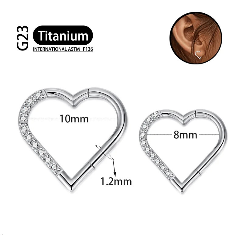 10Pcs G23 Heart Earrings Zircon Womens Fashion Heart shaped Round Earrings Fashion Gifts Perforated Jewelry 241205
