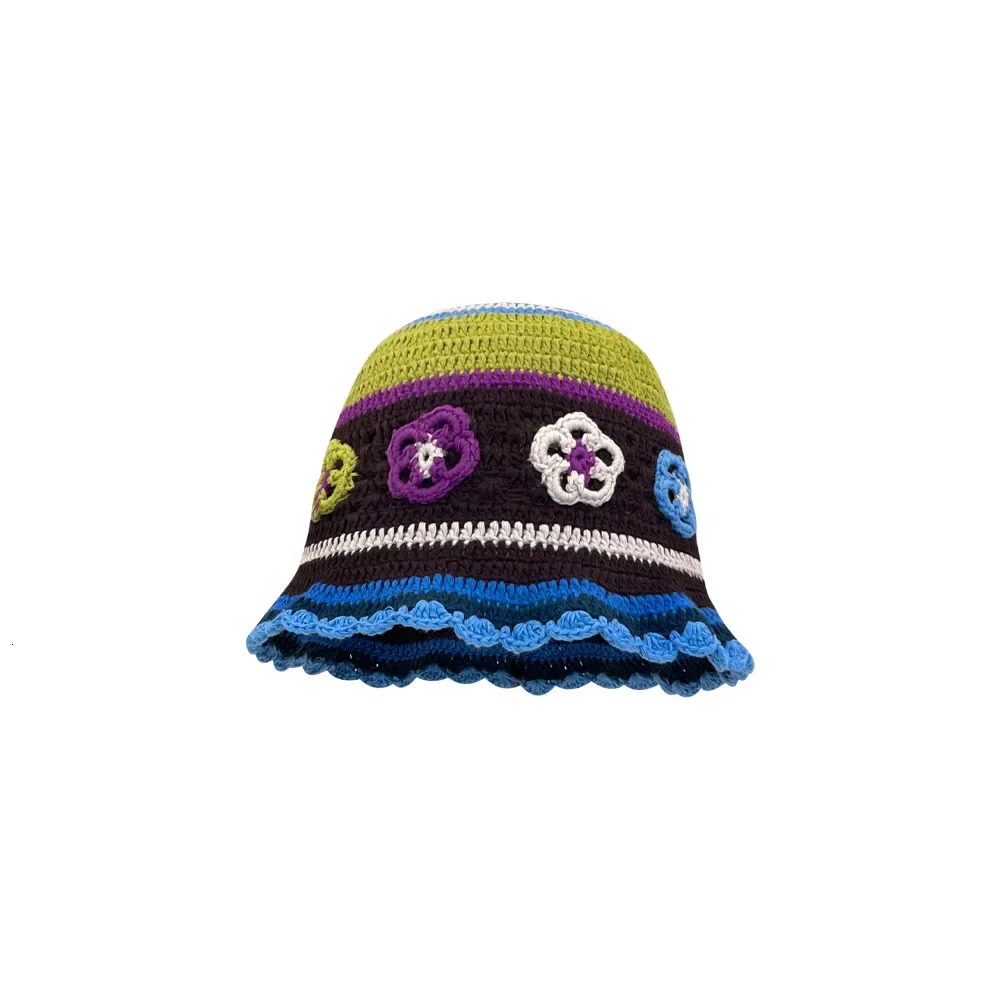 Japanese flower knitted bucket hat handmade crochet comparison striped basin hat womens autumn and winter warm wool hat 241205