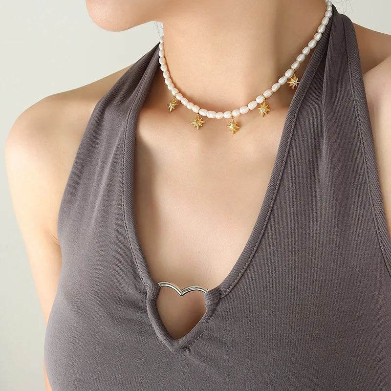 Elegant freshwater pearl necklace suitable for women star shaped pendant stainless steel waterproof charming jewelry 241205