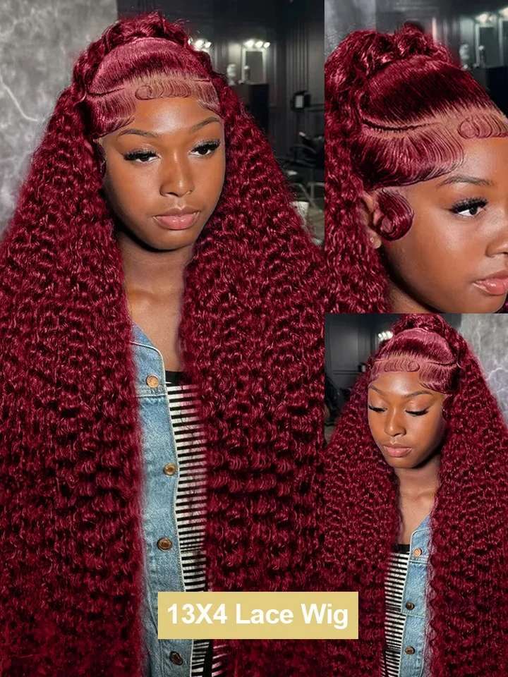 30 40 Inch Water Curly 99J Bury 13X4 Frontal Wig High Density Red Colored Deep Wave 13X6 HD Lace Front Human Hair Wigs