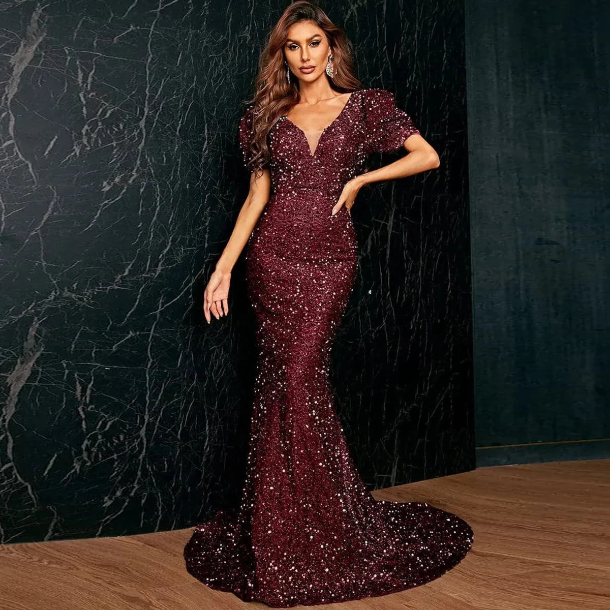 Women V Neck Flare Sleeve Sequined Elegant Sexy Evening Party Floor Length Dress 241205