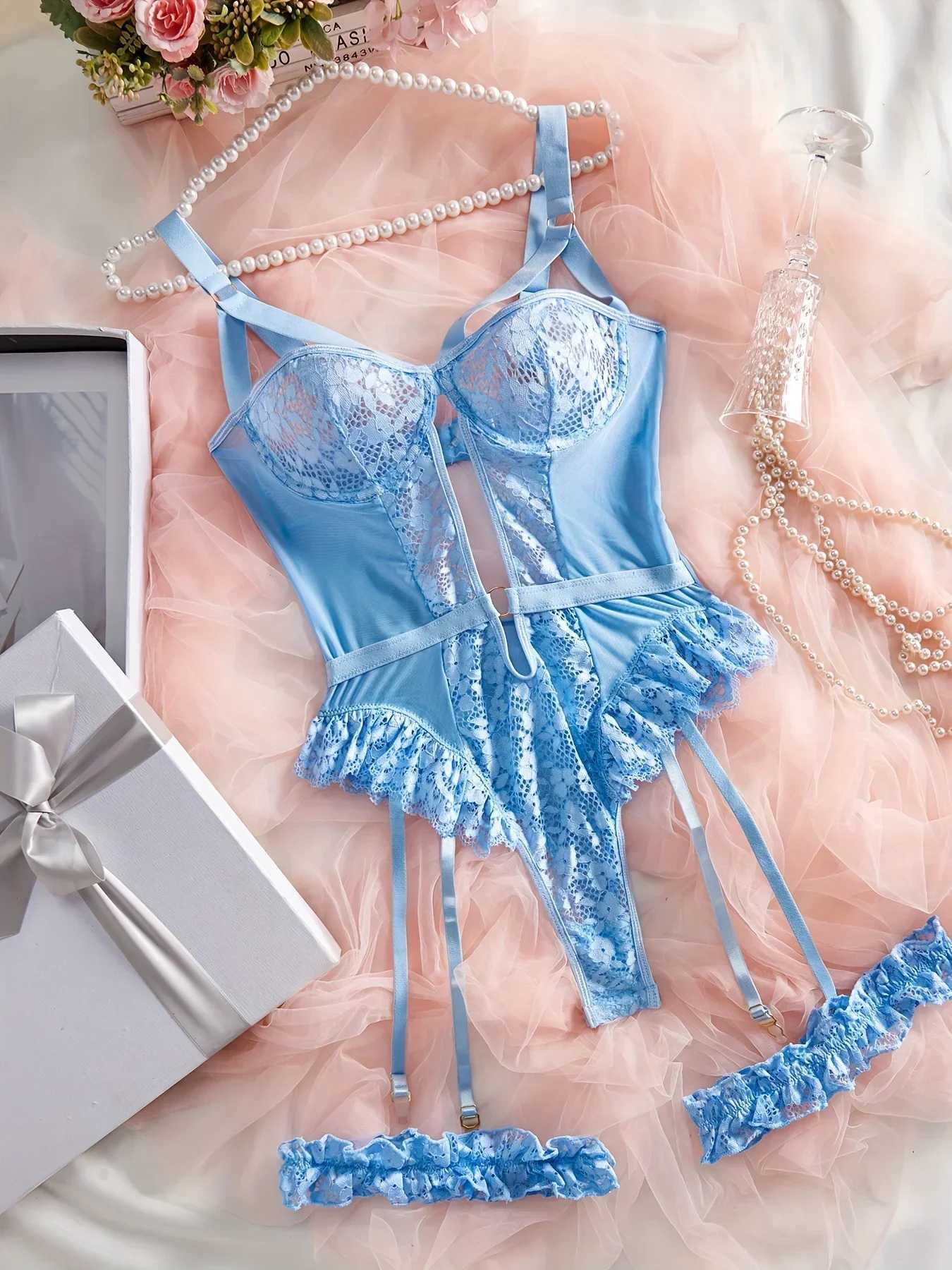 Hot Solid Contrast Lace Teddy Hollow Out Lettuce Trim Garter Belt Strappy Thong Bodysuit Womens Sexy Lingerie UnderwearXJ241205