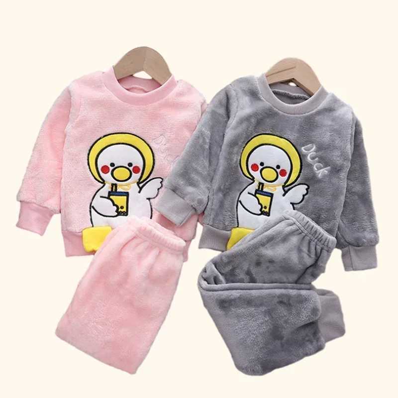 Pajamas Children Clothing Set Baby Pajamas Set Thick Flannel Fleece Child Sleepwear 2Pcs Sets Warm Home Suits Kids Clothes Autumn Winter H241205