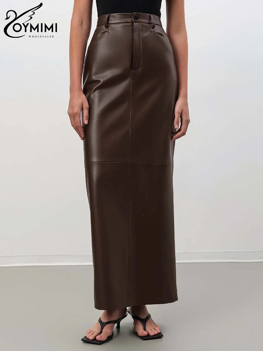 Oymimi Vintage Brown Pu Leather Skirts For Woman Elegant High Waisted Straight Skirts Casual Simple Ankle-Length Skirt Female 241204