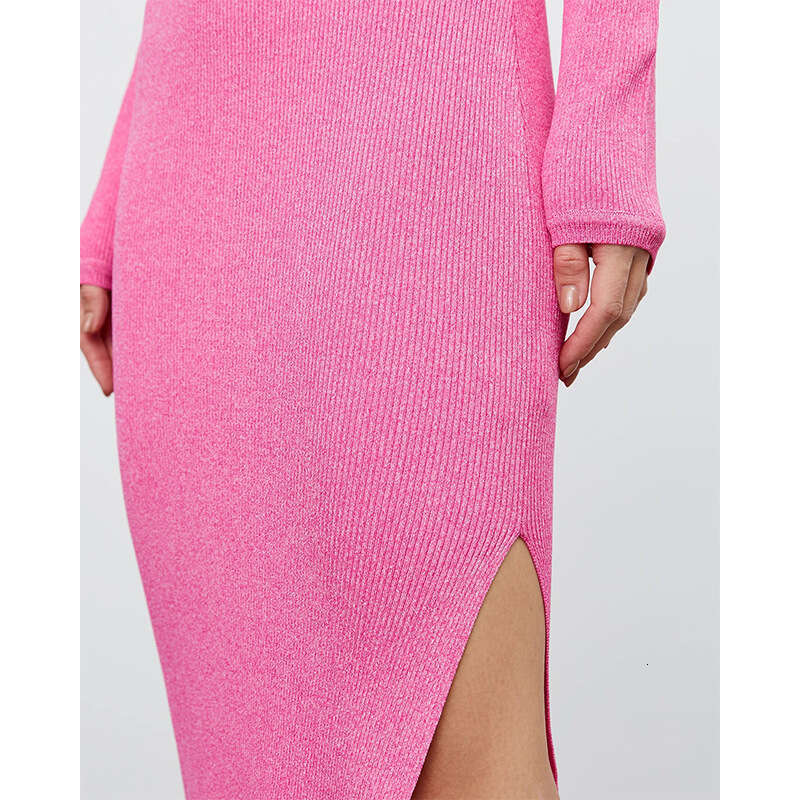 Round neck slit knitted European American autumn and winter versatile solid color high waist tight dress, 2024 new style temperament chic elegant clot
