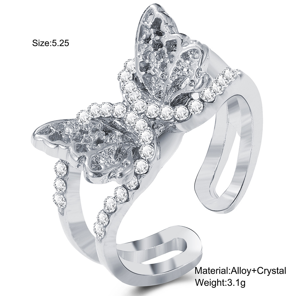 Creative super daffodil rhinestone full butterfly ring opening adjustable retro simple finger ring female
