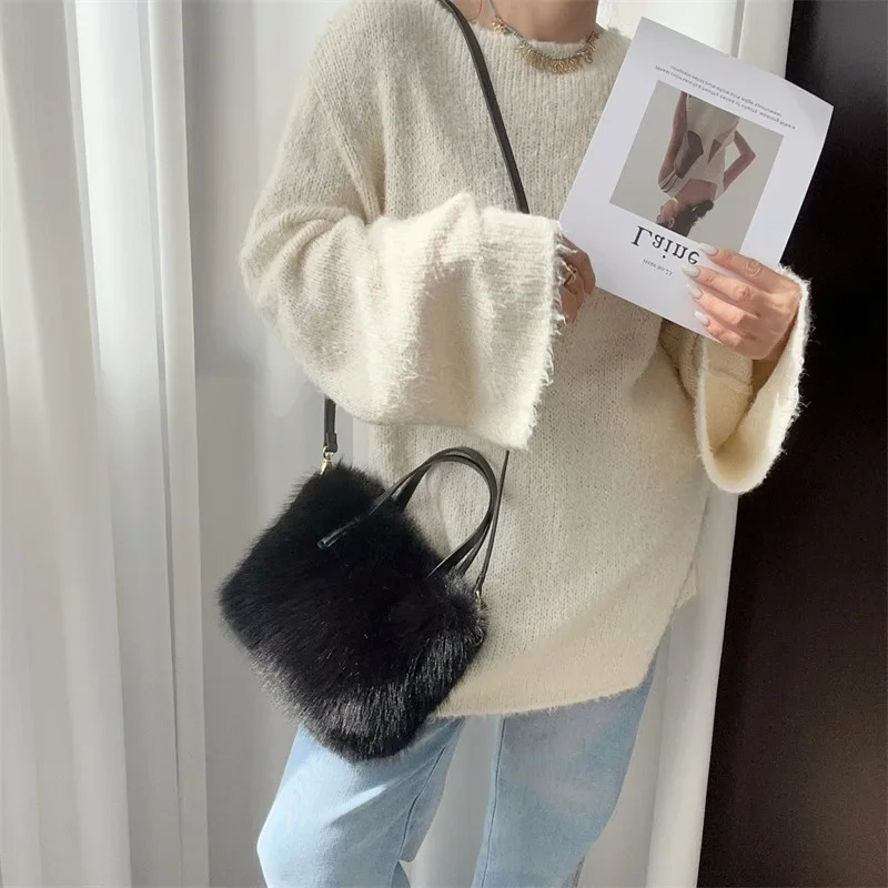 faux fur womens square shoulder bag winter fluffy womens horizontal bag soft fur leather plush womens small handbag 241205
