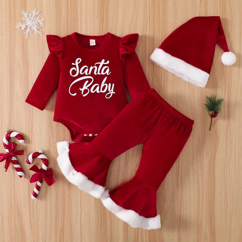 Infant Baby Girl Christmas Romper Set Long Sleeve Round Neck Ruffled Letters Print Jumpsuit + Flare Pants + HatXJ241205