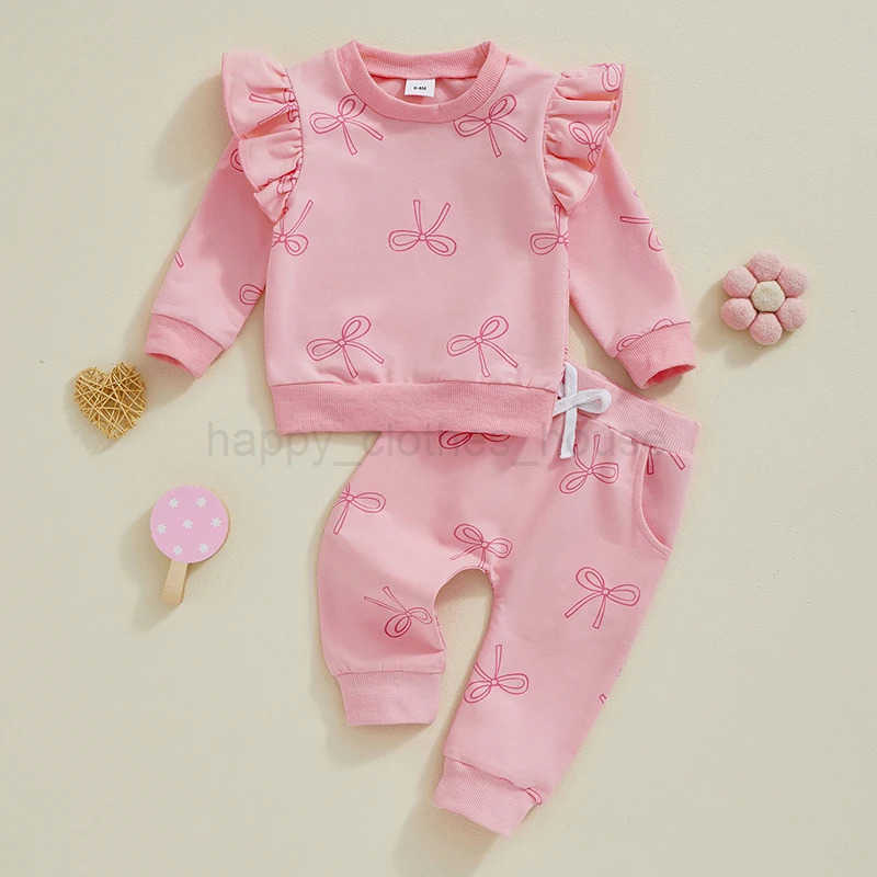 Toddler Girls Clothes 2PCS Autumn Outfits Long Sleeve O Neck Bow Print Tops Drstring Pants Newborn Clothes SetXJ241205