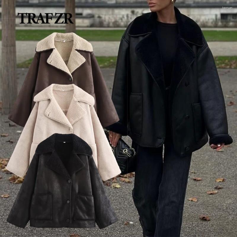 Women's Jackets ZR Women Comfy Coats With Faux Shearling Interior & Button Fastening Lapel Collar Long Sleeves Double-faced Jacket