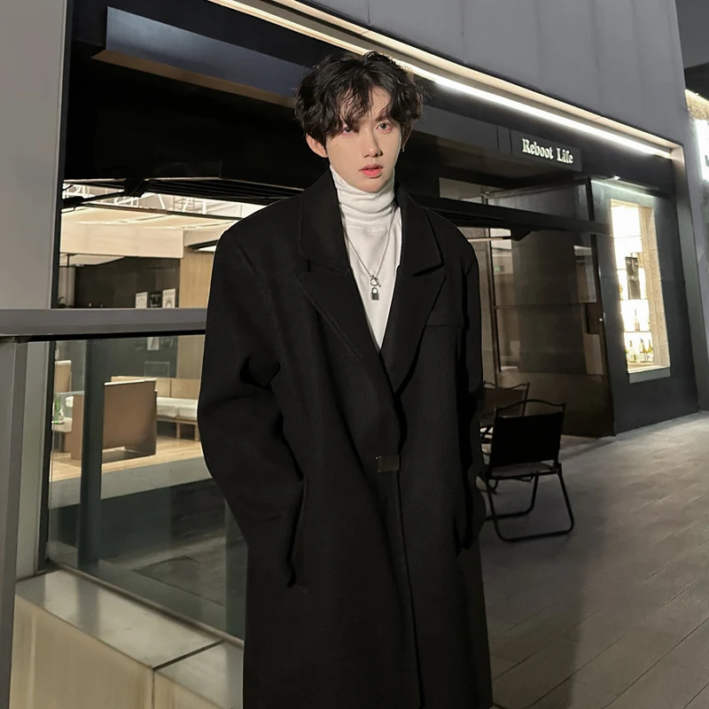 PFHQ Winter Mens Long Wool Coat Trendy Shoulder Cushion Slot Solid Color Long Sleeve Mens Top 21AZ3667 241204