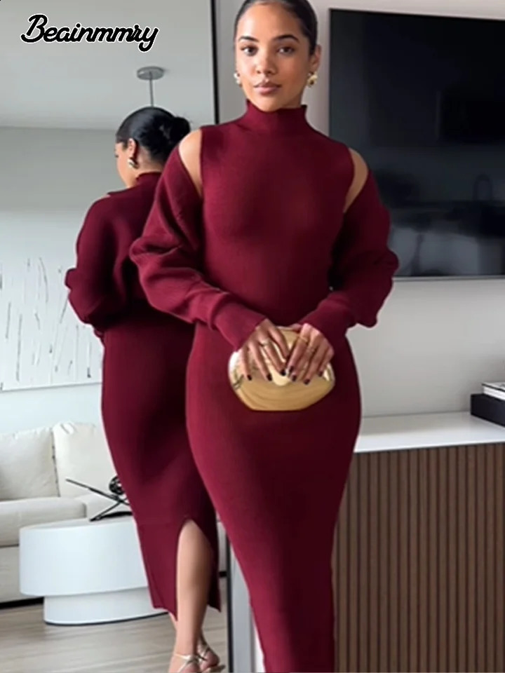Elegant Burgundy Stand Collar Loose Sleeves Skirt Set Woman Casual Long Knit Sexy Sets 2024 Autumn Lady Fashion Party Outfit 241205