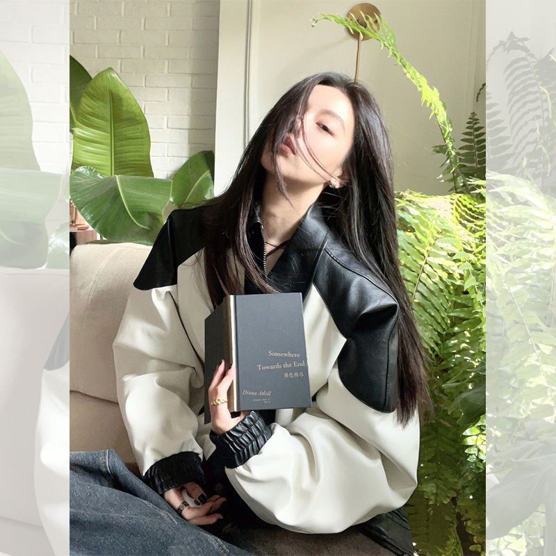 Women's Vintage Black White Contrast Splice Leather Jacket Female Spring Autumn Fashion Loose Design Long Sleeve Coat