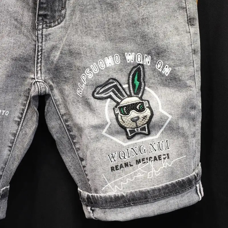 Korean Fashion Kpop Mens Casual Streetwear Boyfriend Denim Shorts with Rabbit Embroidery for Summer Grey Short Jeans 241205