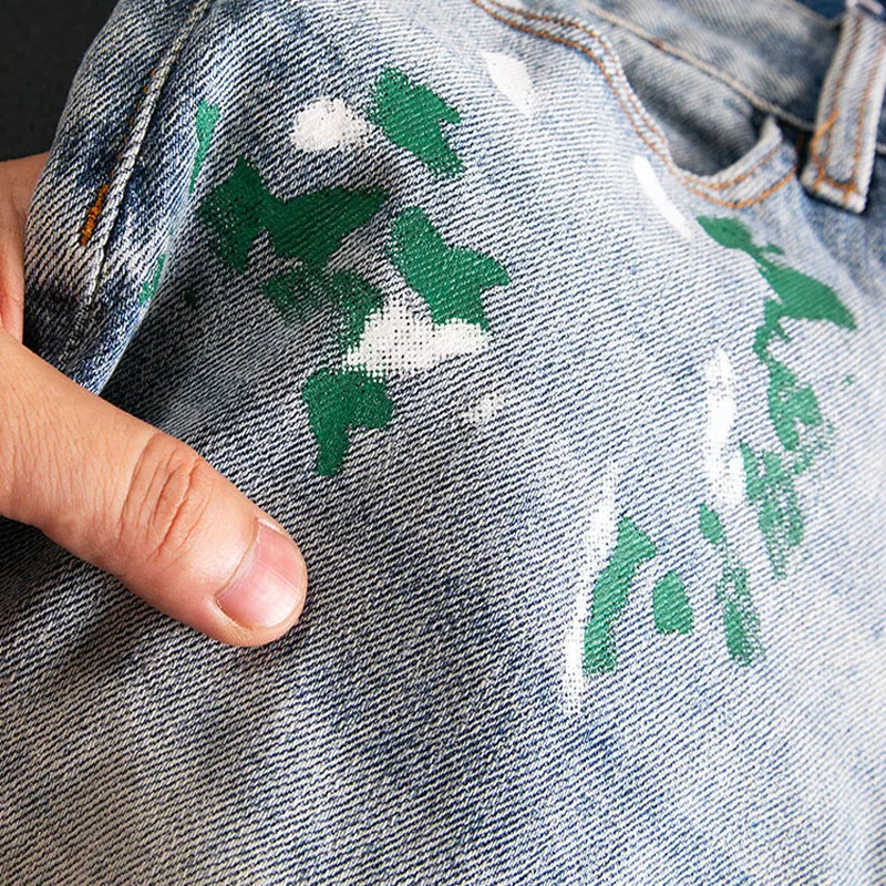 Street Fashion Men Jeans Summer Retro Blue Stretch Slim Fit Ripped Short Jeans Painted Hip Hop Denim Shorts Men 241205
