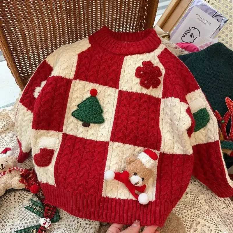 Childrens Red Checkered Sweater New Year Greetings Autumn and Winter Christmas Knitted Sweater Winter Warm Bottom Pants W241205