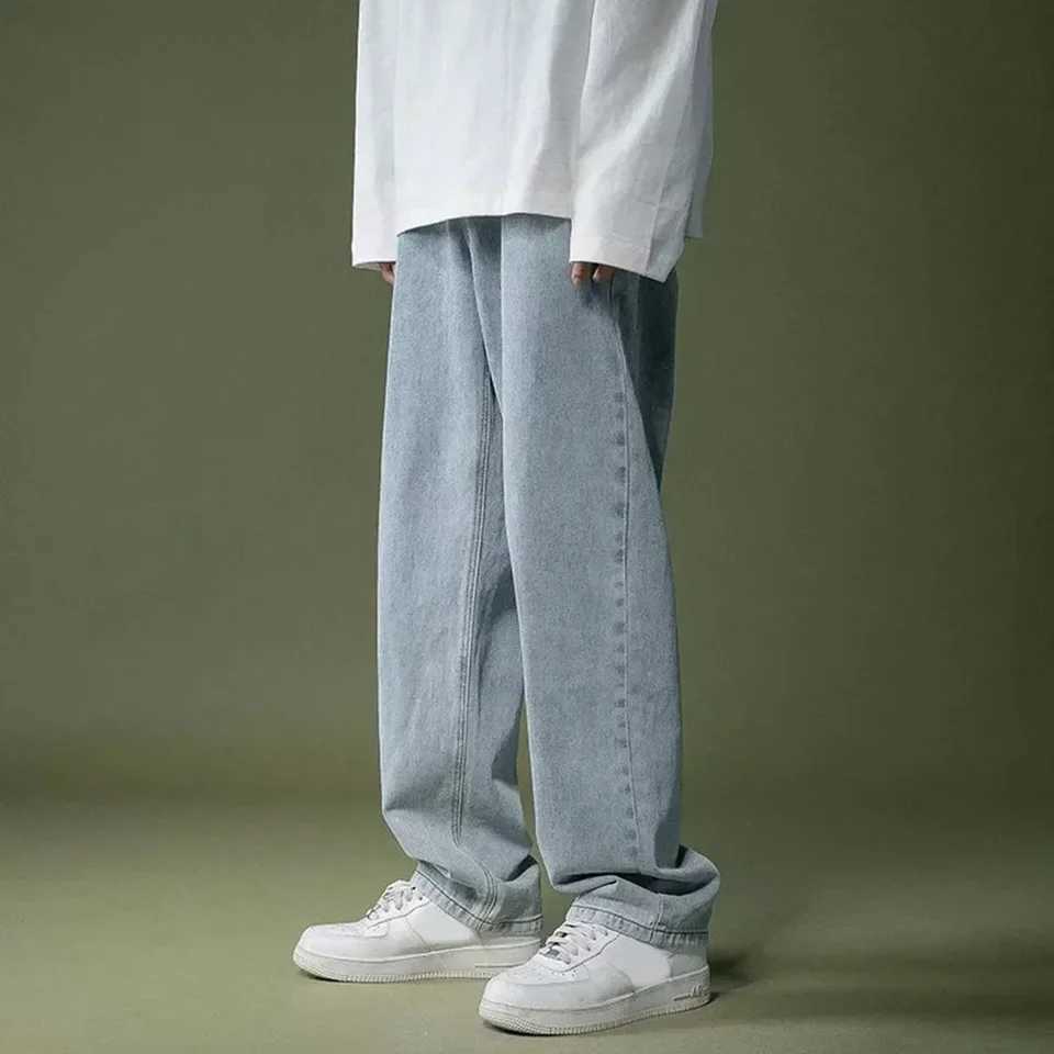 Mens wide leg pants Korean straight pocket jeans elastic waist student close up pants W241205