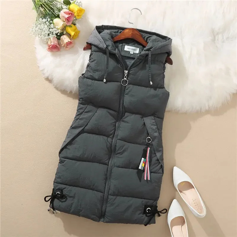 Winter Womens Jacket Hooded Vest Sleeveless Coat Cardigan Warm Outwear Korean Fashion Slim Fit Tops 241205