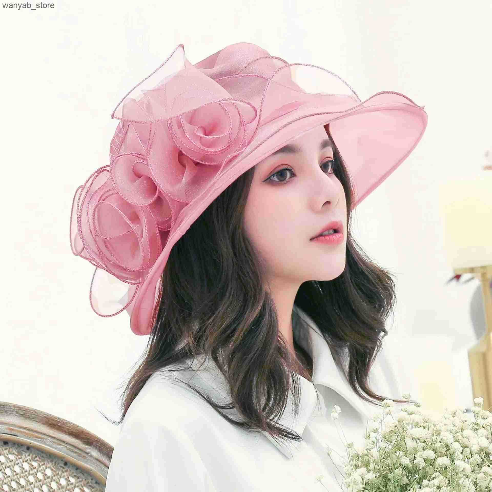 Cloches 1 Elegant Flower Womens Hat Summer Organic Wide Brim Sunscreen Kentuckide Hat Womens Church Wedding Beach Sun Hat L240910