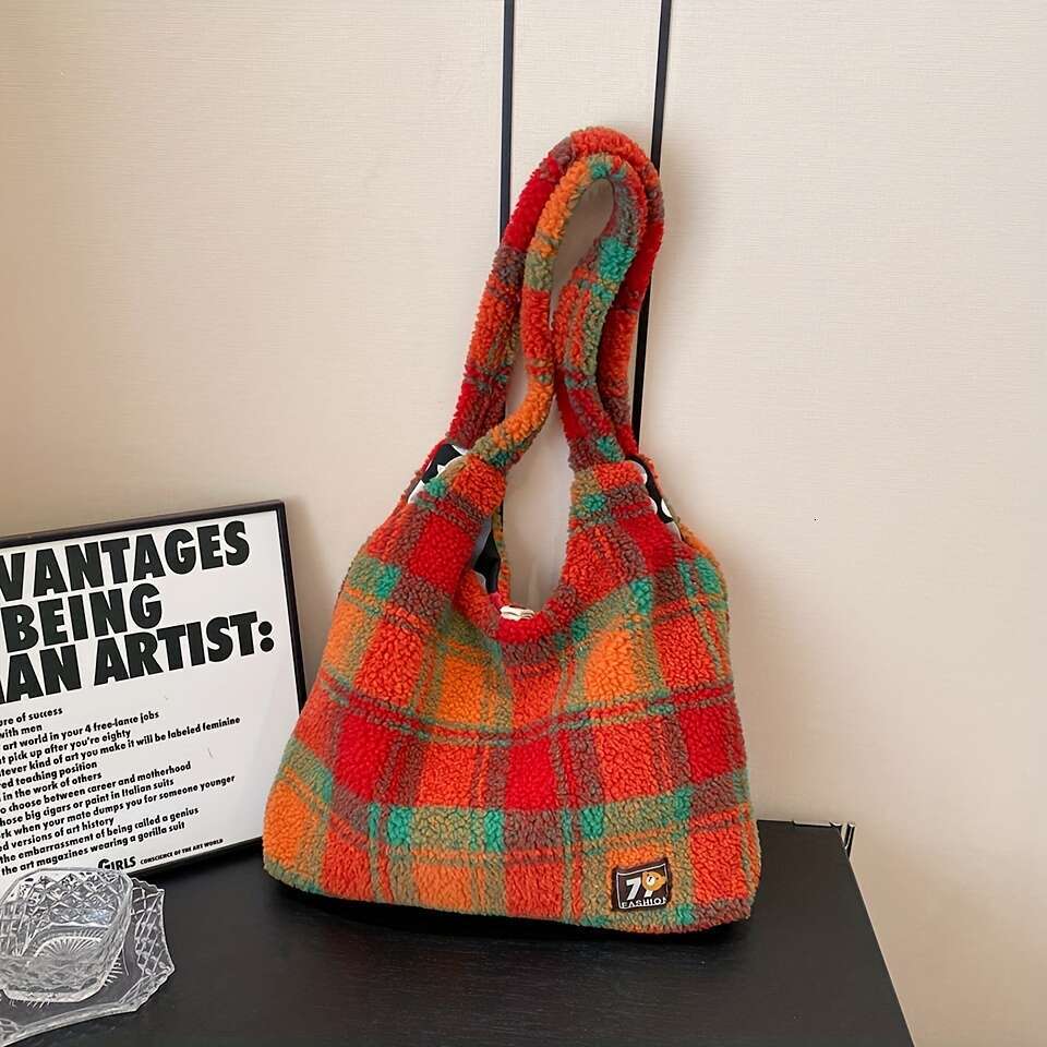 Autumn and Winter Commuting Plush Women's Retro Plaid Sheepskin Shoulder New Casual Bag