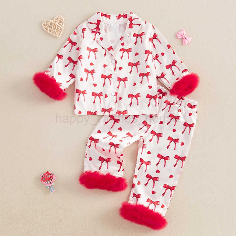 Baby Girl Silk Pajamas Set Floral Girl Button Down Feather Trim Sleeve Shirts and Pants Valentines Day Satin Pj SetsXJ241205