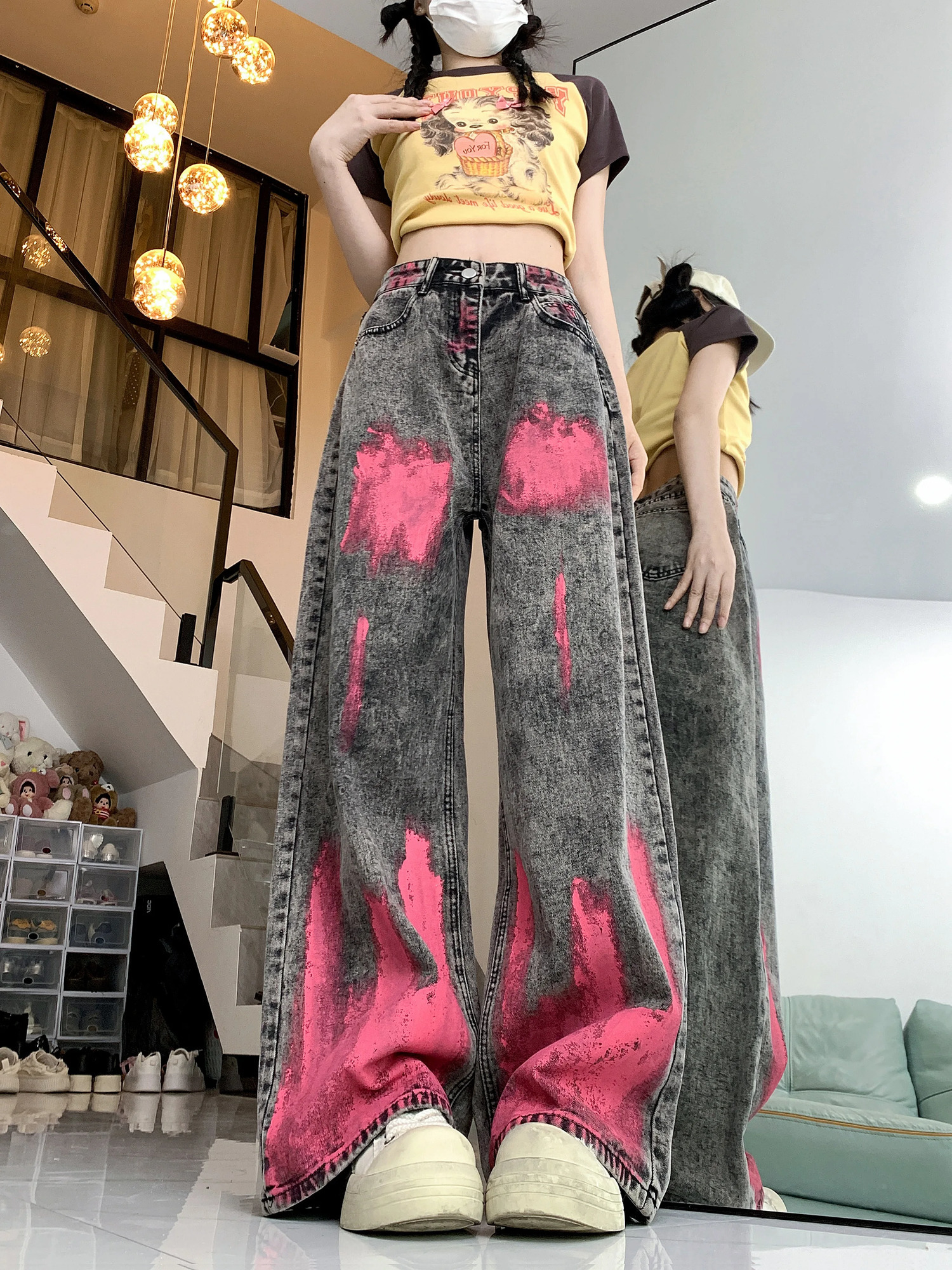 American High Street Graffiti Y2k Jeans Personality Vintage Wide Leg Pants Women Summer Hip-hop Jeans for Women 241204