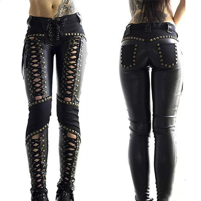 Women Pants Punk Rock Leather Pencil Sexy Hollow Out Bandage Leggings Streetwear Womens 241205